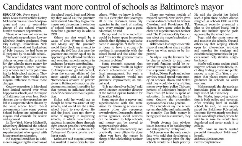 Candidates want more control of schools as Baltimore's mayor