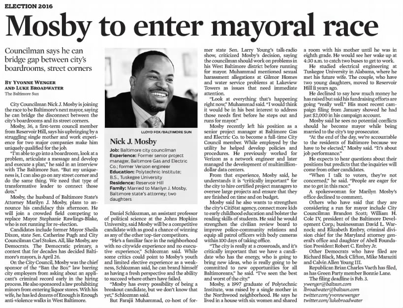 Mosby to enter mayoral race