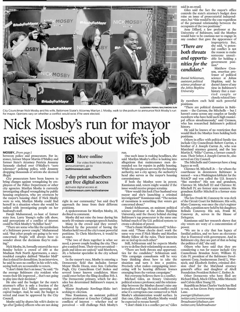 Nick Mosby's run for mayor raises issues about wife's job