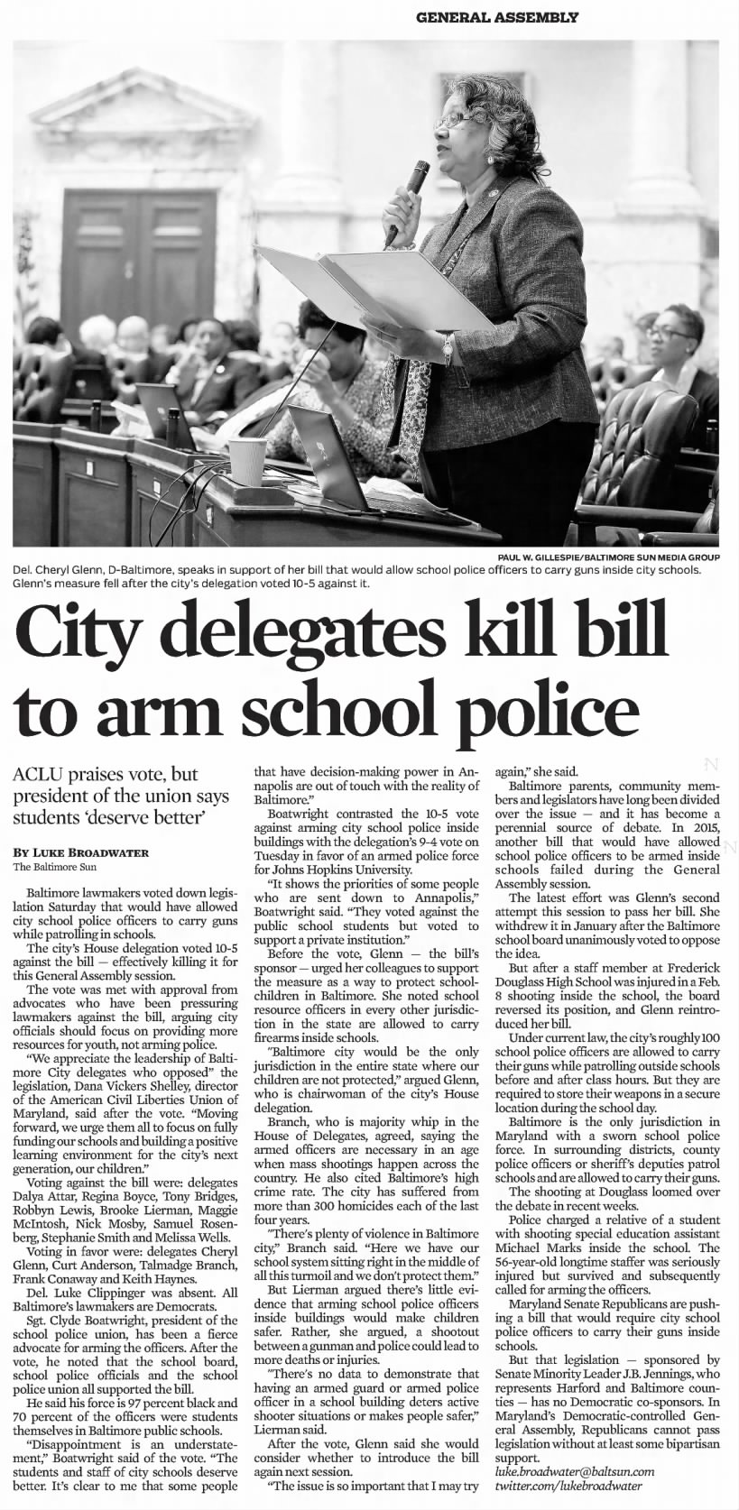 City delegates kill bill to arm school police