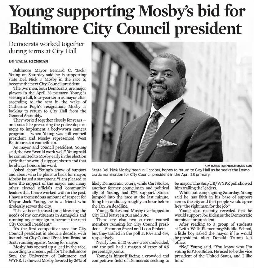 Young supporting Mosby's bid for Baltimore City Council president