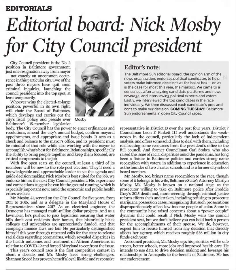 Editorial board: Nick Mosby for City Council president