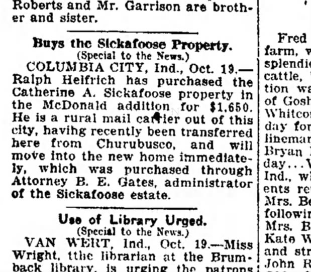 Property Sale of Sickafoose, Catherine A. -Estate

