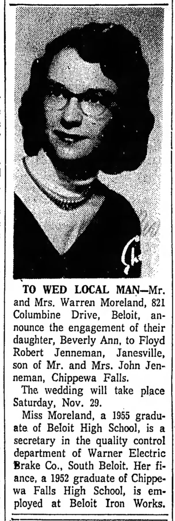 Beverley Moreland wedding engagement dau Warren A Moreland