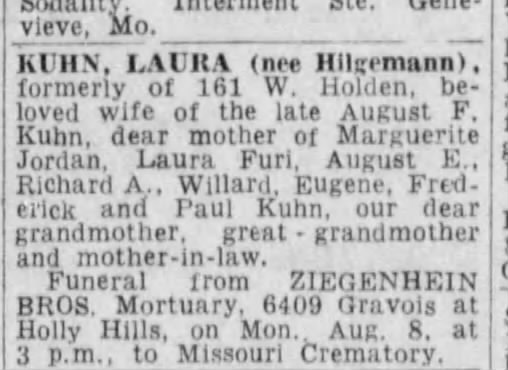 Laura Hilgemann Kuhn Obit Aug 7,1960