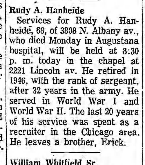 Rudy A. Hanheide Aug 1, 1963 news paper articiel WW1 and WW2