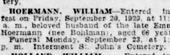 William Hoermann married to Emma Bohlmann this is his death notice 9/20/1929