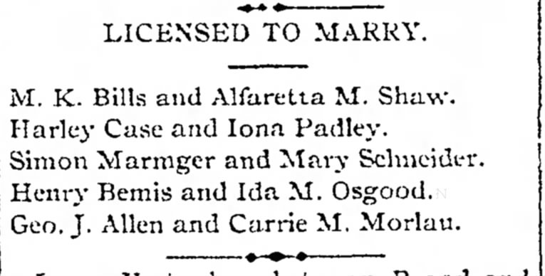 Bemis, Henry & Osgood, Ida, license to marry 1887