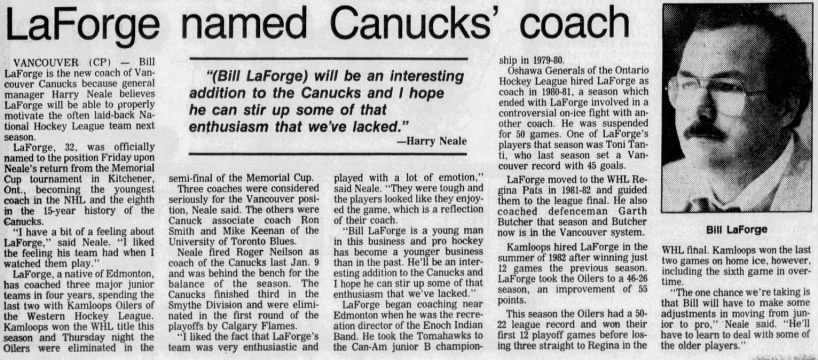 Bill LaForge named coach of Vancouver Canucks
