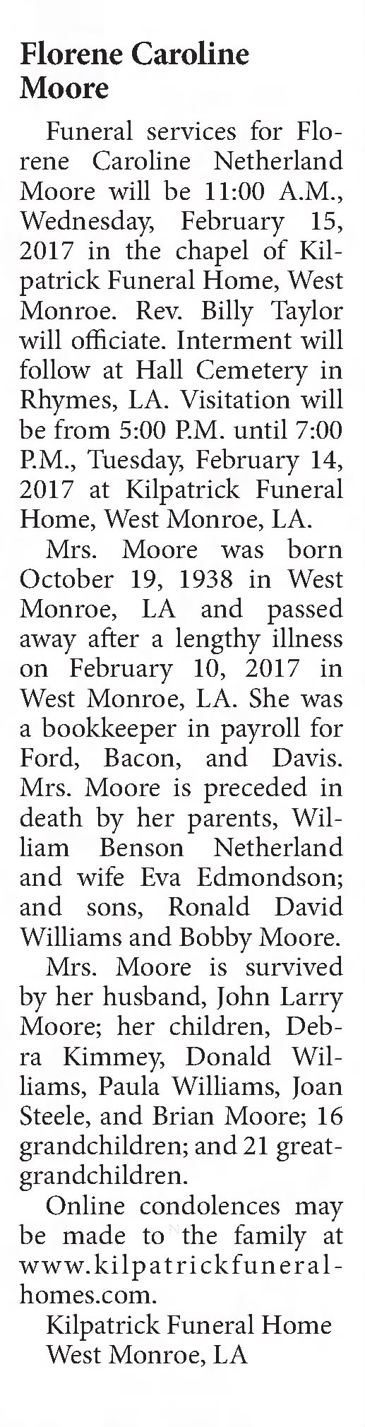 Obituary for Florene Caroline Netherland Moore