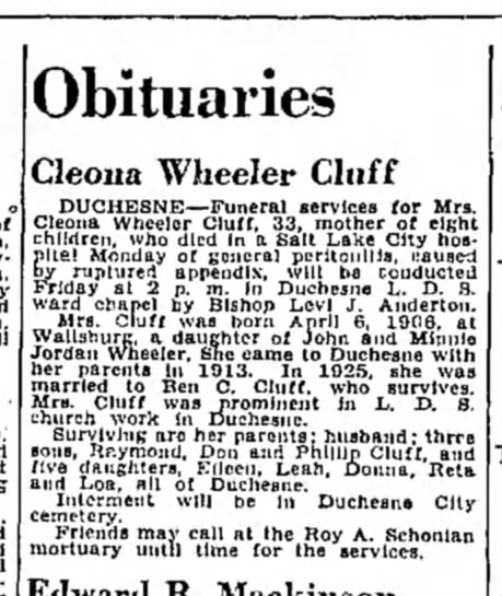 Cleona Wheeler Cluff obituary, 1940