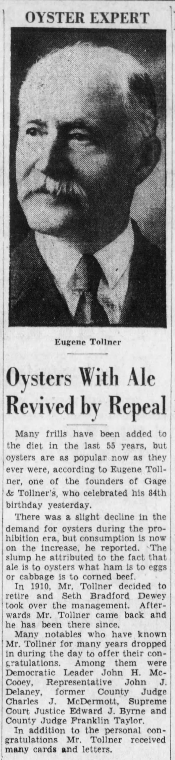 Oysters back in vogue thanks to prohibition repeal, say Gage & Tollner's  founder.