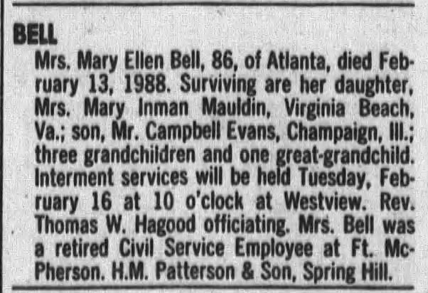 Mary Ellen King Evans Bell - Obit Feb1988
