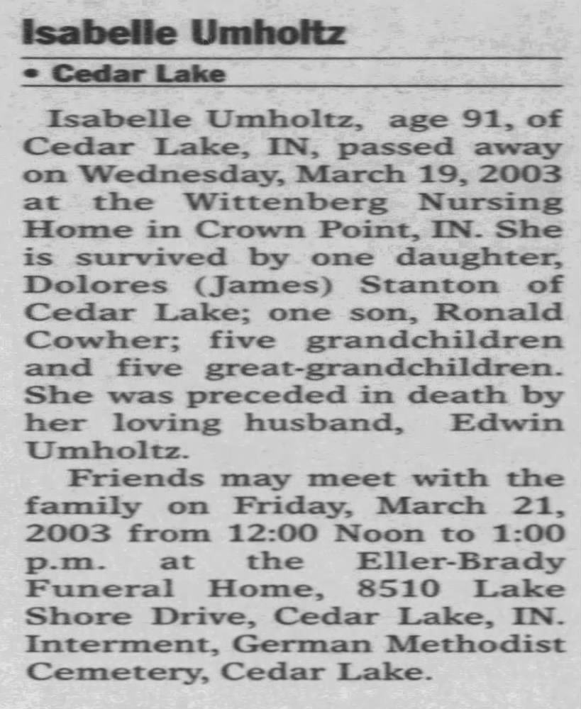 Isabelle Lathers Cowher Umholtz Obituary