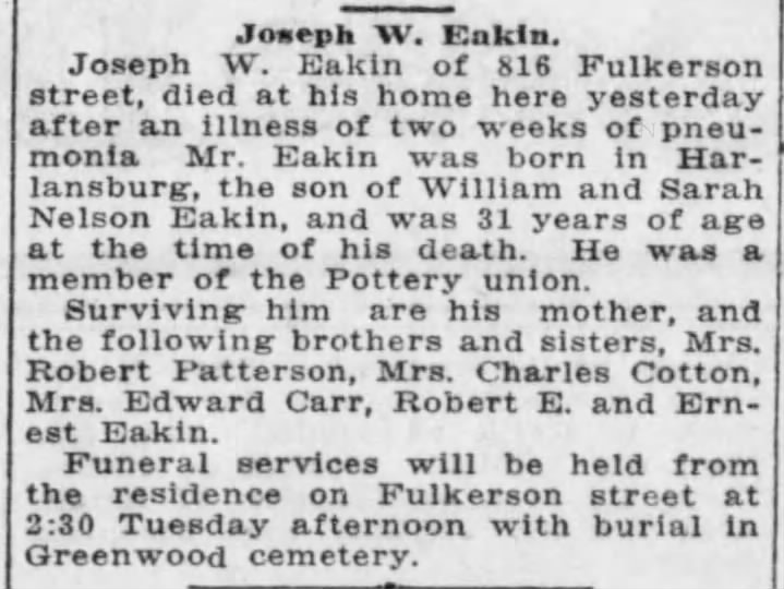 Joseph W Eakin Obituary