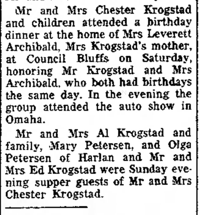 Little Grandma, the Petersen's and the Al Krogstad's are Guests of Mr. and Mrs. Chester Krogstad for