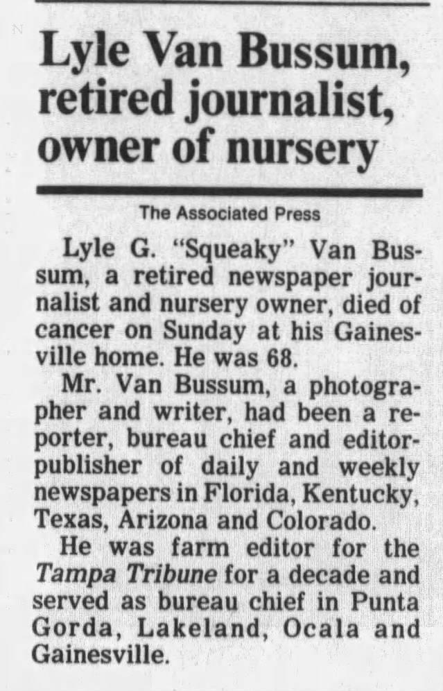 Lyle Givens Van Bussum dies age 68 15 Mar 1992 from Cancer Gainesville Fl.