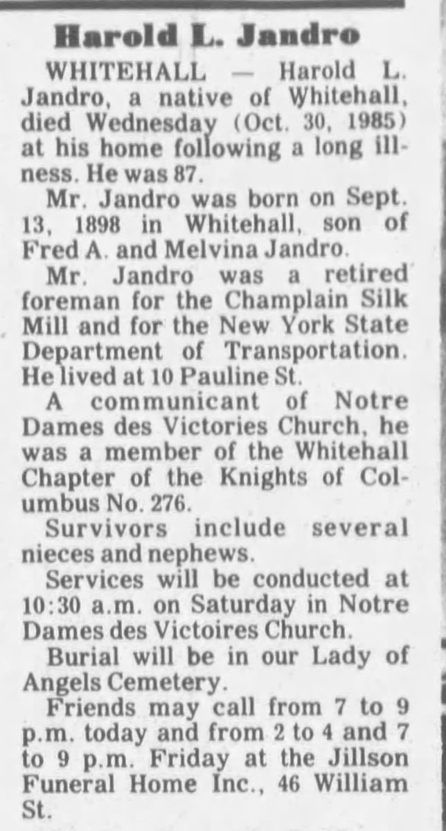 Harold L Jandro obituary