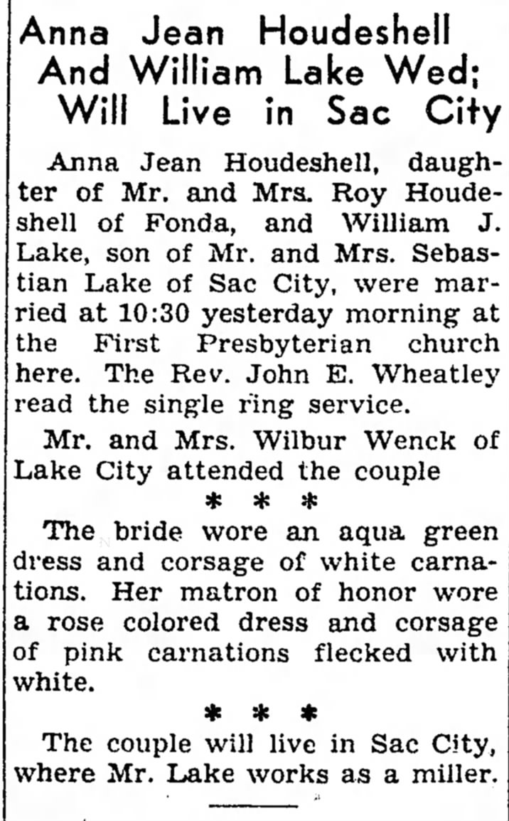 Anna Jean and Sebastian Lake marriage article.