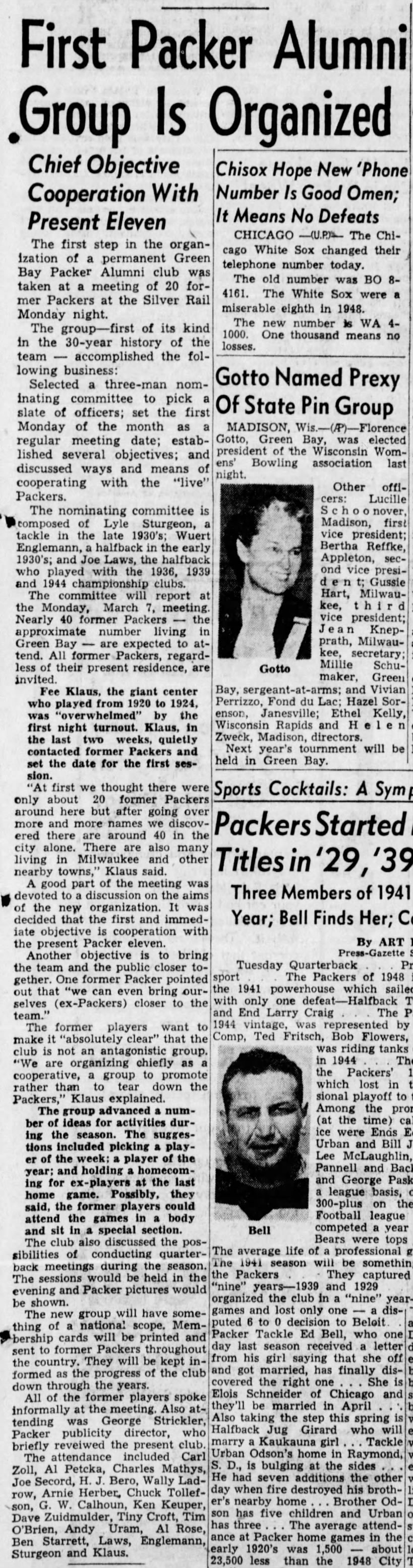 An article about the organization of the Green Bay Packers alumni club.