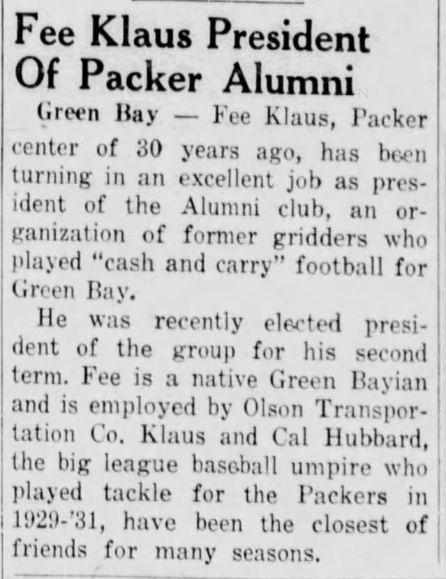 A blurb about retired Packer Fee Klaus.