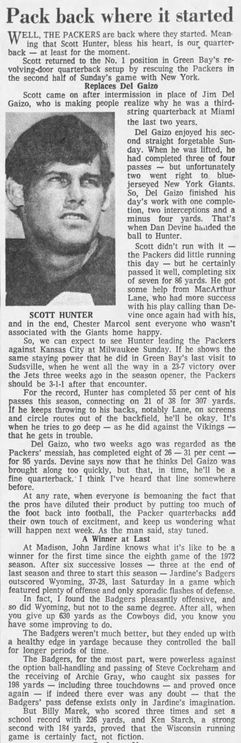 An article about the Packers quarterback competition in 1973.