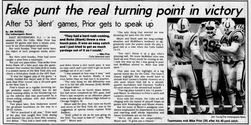 An article about Mike Prior and Rohn Stark's fake punt in a game the day before.