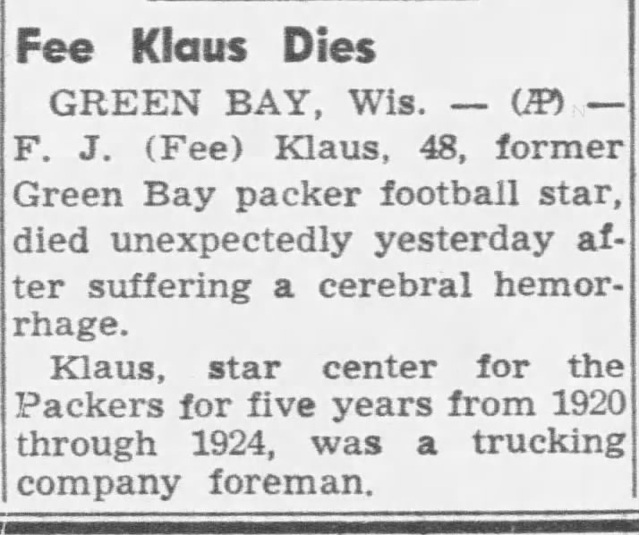 A short obituary for former football player Fee Klaus.