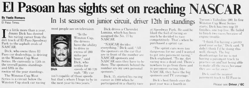 An article about El Paso, Texas driver Jimmy Dick trying to break into the NASCAR circuit.