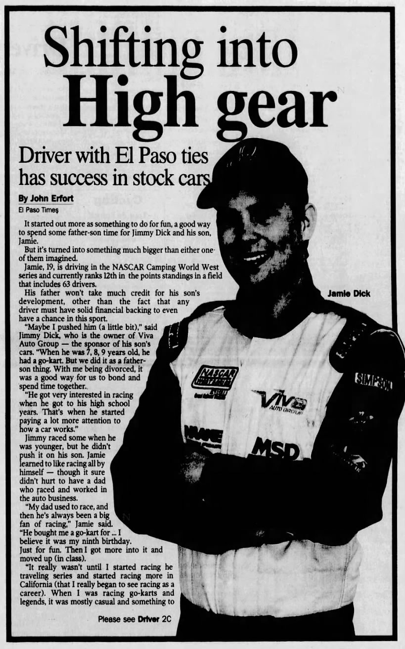 An article about rising NASCAR driver Jamie Dick in 2008.