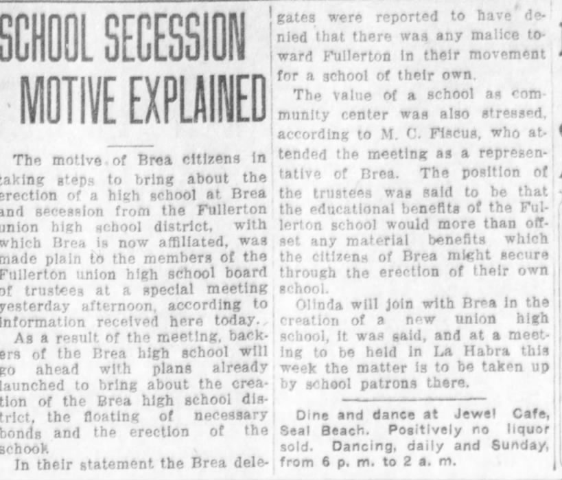 An article about the beginnning of plans for Brea OIinda High School.
