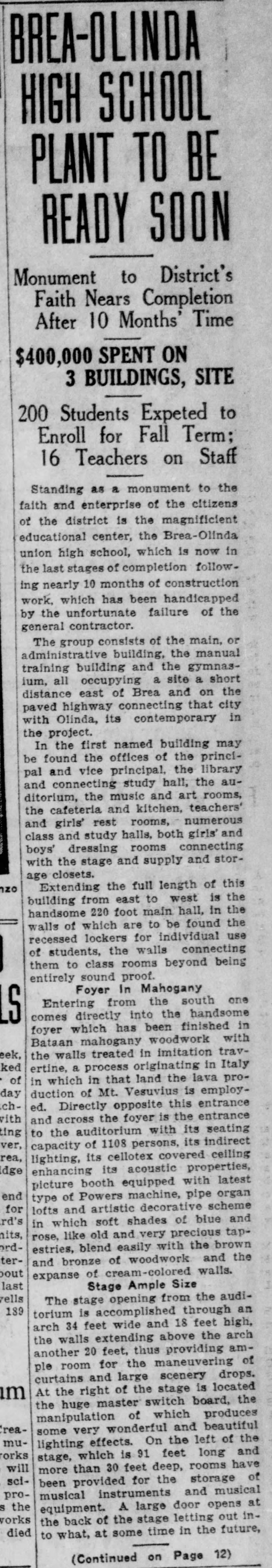 An article about the construction of Brea Olinda High School.