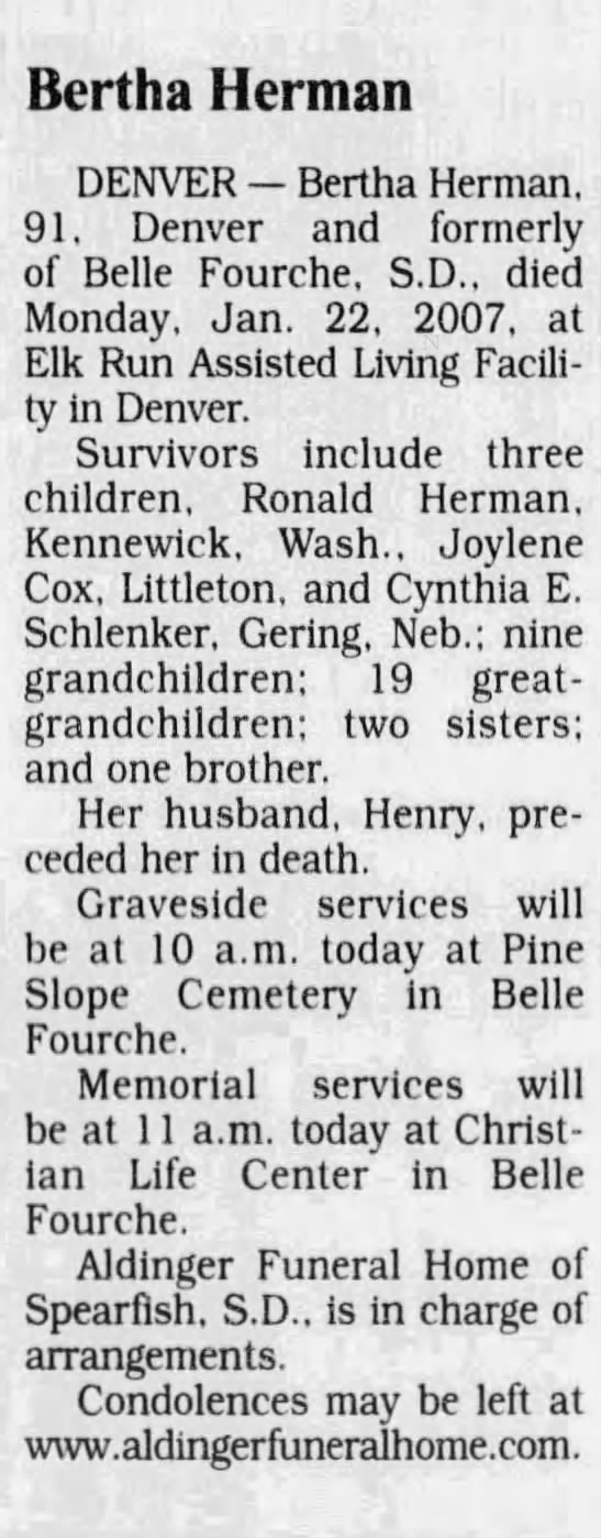 Obituary for Bertha Herman (Aged 91)