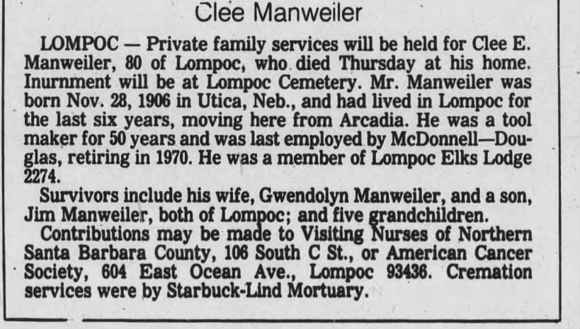 Obituary for Cle'e Manweiler (Aged 80)