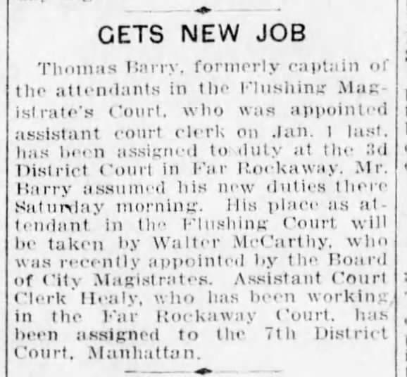 walter mccarthy appointed court attendant , flushing court feb 1923