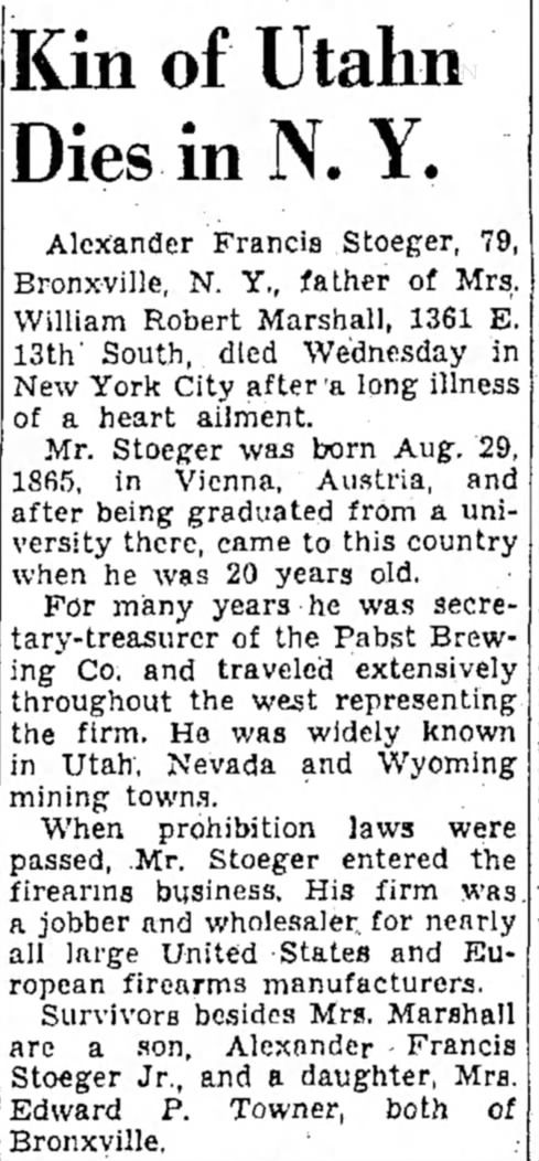 Alexander F. Stoeger Obituary
24 Aug 1945