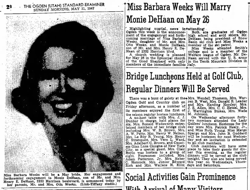 Monie DeHaan Marriage to Barbara Weeks, Ogden Standard-Examiner, 11 May 1947