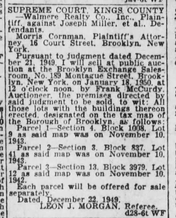 court ordered sale of property of Joseph Miller in Jan 1950