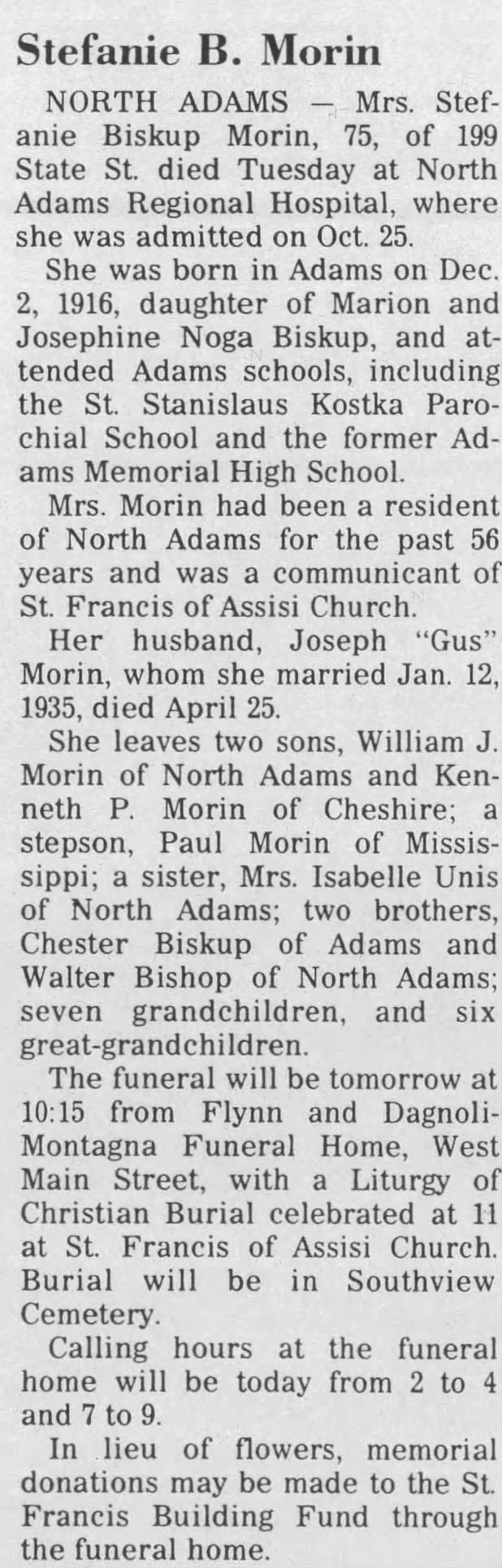 Obituary:  Stephanie Biskup Morin