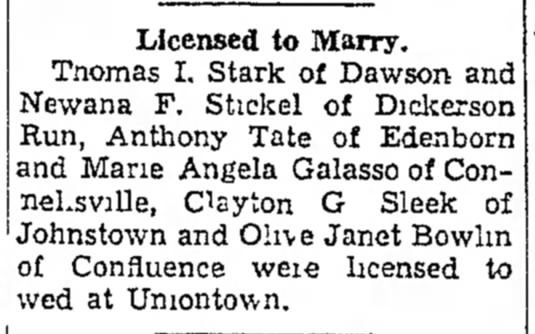 Galasso Marie Licensed to Marry 16 Feb 1946
