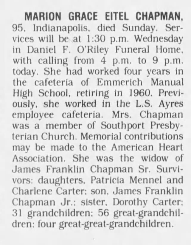 Chapman, Marion Grace (Eitel) Obituary - The Indianapolis Star 28 Jun 1994
