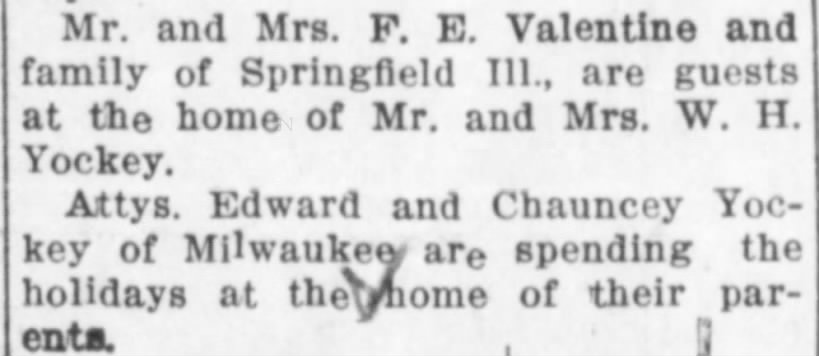 Hester Valentine, Edward & Chauncey Yockey 24 Dec 1911 Sun pg 5