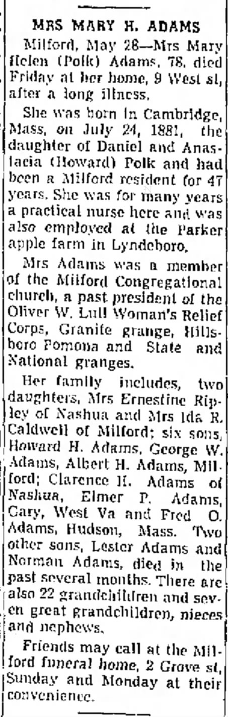 1960-05 (May 28) Nashua Telegraph; Sat, pg 2.Adams, Mary Helen (Polk) - OBIT