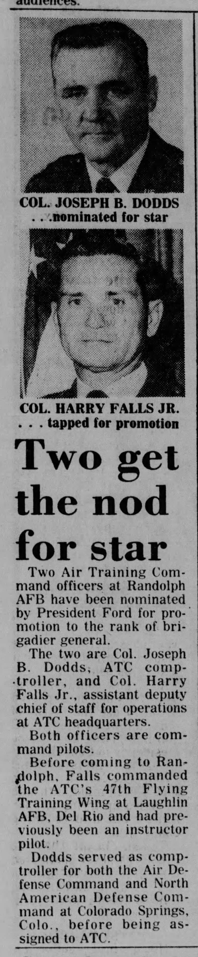 Harry Falls, Jr., nominated for promotion to general officer, Dec 1975