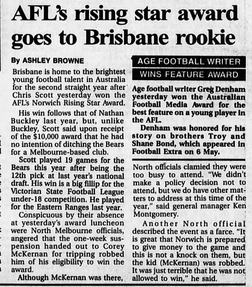 Scott wins 1994 AFL Rising Star