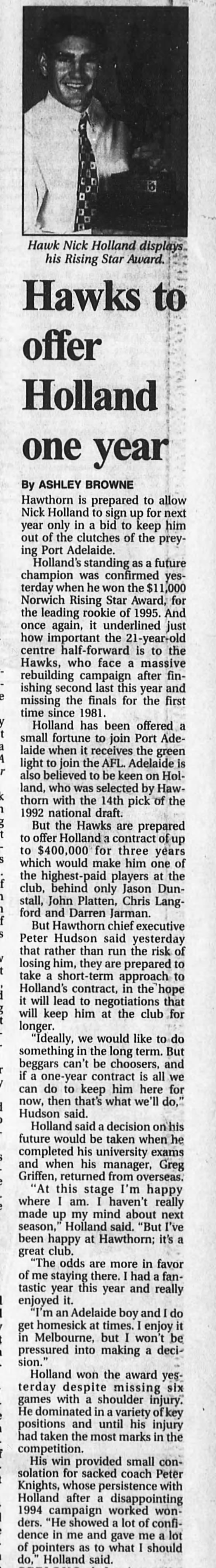 Holland wins 1995 AFL Rising Star
