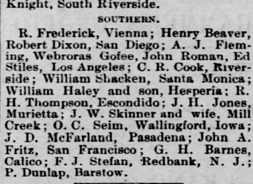 J.W. Skinner and Wife Hotel arrival at the Southern from Mill Creek August 20, 1890 Daily Courier