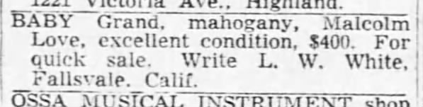 Big Falls Lodge L. W. White selling mahogany baby grand October 4, 1952