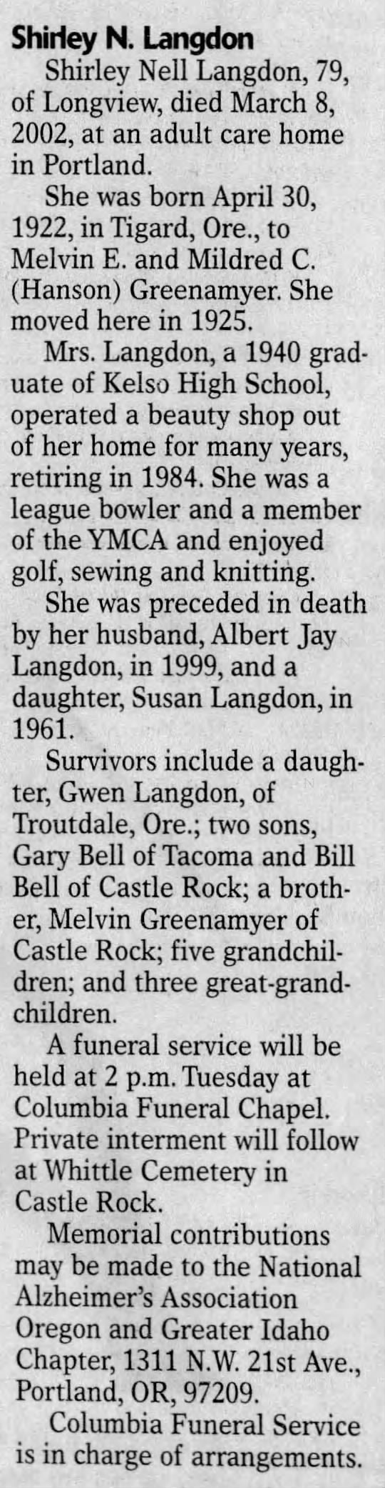 Obituary for Shirley Nell Langdon, 1922-2002 (Aged 79)