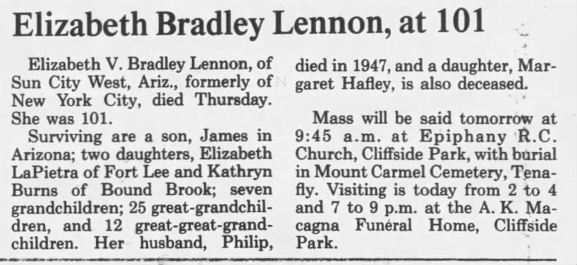Obituary for Elizabeth Bradley Lennon (Aged 101) Hackensack Record 1987